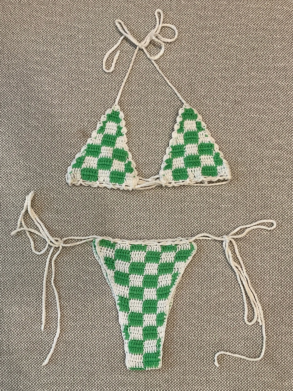 Frankies Bikinis Green & White Checkered Crochet Bikini Set